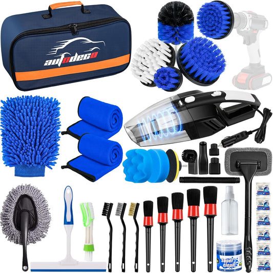 37Pcs Car Detailing Brush Set, Car Detailing Kit, Auto Detailing Drill Brush Set, Car Detailing Brushes, Car Wash Cleaning Tools Kit with Car Vacuum for Interior, Exterior, Wheels, Blue